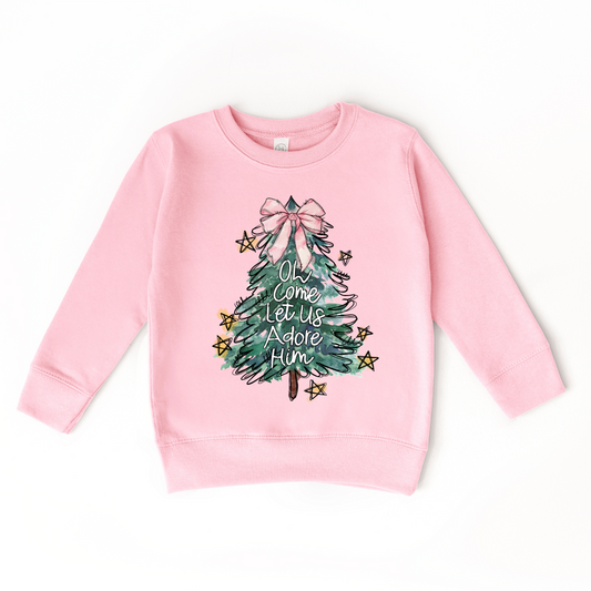 Oh Come Let Us Adore Him Pink Toddler Crewneck